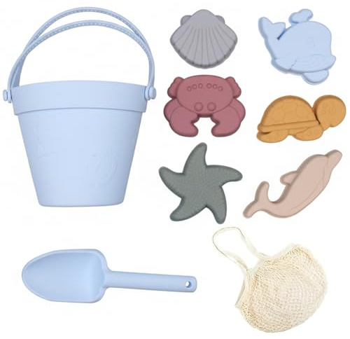 BeVistoso Juguetes de Playa para niños Juego de Juguetes de Arena de Silicona Suave con moldes de Cubo de Pala para Caja de Arena, con Red de Malla portátil