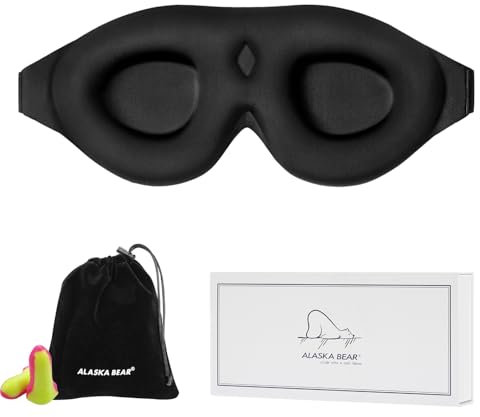 ALASKA BEAR Sleep Mask with Molded Eye Cups for Women and Men, Nose-Contoured 3D Ultra-Plush Soft Blackout Eye Mask, Zero Pressure on Eyelids & Eyelashes, Earplugs Set, Black