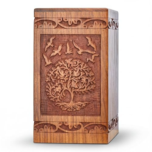 INTAJ Urne funéraire en bois sculpté Design arbre de vie Capacité 113,4 kg Convient aux adultes Urne décorative et cercueil