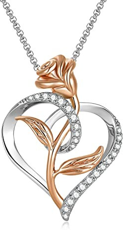 SNZM Collana da donna,Collana con ciondolo a forma di cuore con fiore rosa,Gioielli placcati in oro rosa,Regalo perfetto per migliore amica, amica,moglie, compleanno,con scatola squisita