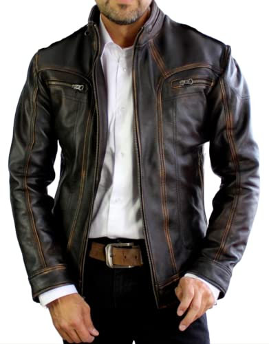HAFSAH Herren-Bikerjacke aus echtem Leder - Motorradjacke im Used-Look, schwarz, Echtlederjacke, Vintage-Stil, goldfarbene Streifen, Braun, Used-Optik, L