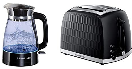 Russell Hobbs 26080 Hourglass Cordless Electric Glass Kettle, 1.7 Litre, 3000 Watt & 26061 2 Slice Toaster - Contemporary Honeycomb Design with Extra Wide Slots and High Lift Feature, Black