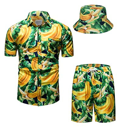 TUNEVUSE Herren Hawaiihemd und Shorts Set, 2-teiliges tropisches Set, Blumen Bedruckte Knopf Strand Set mit Hut Gelb Medium