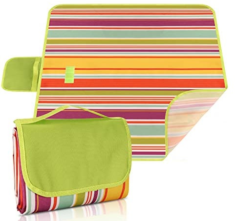 Ninonly Manta Picnic Impermeable 200x200 Rayas Manta de Playa Portátil 4-7 Personas Manta de Camping Plegable con Asa de Transporte para Parque, Jardín, Exterior, Playa, Plegable Naranja