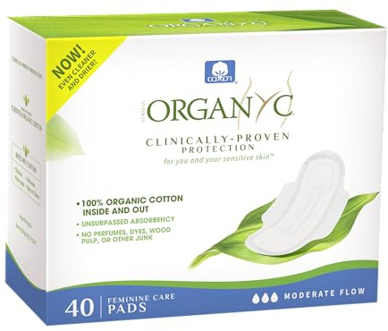 Organyc - Serviettes hygiéniques 100 % coton biologique certifié, 40 pièces, débit modéré, absorption régulière, emballage de grande taille