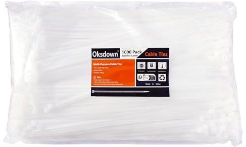 Oksdown 1000 Pack White Cable Ties 250mm×3.6mm Strong Nylon Plastic Self Locking 10 inch/25 cm Clear Long Zip Tie Wraps