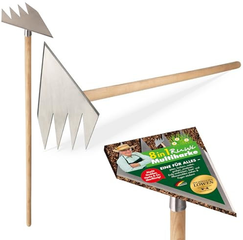 RUWI Hacke 8in1 | Fugenreiniger - Gartenwerkzeug - Hacke - Gartenhacke - Harke - Grubber - Sauzahn - Unkrauthacke - Gartenharke - Pflanzlochbohrer - Handjäter - Handhacke - Pflücker (Mit Stiel)