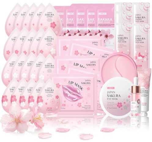 38PCS Skin Care Sets & Kits, Sakura Pamper Gifts For Women, Skin Care For Teenage, Facial Kit, Serum, Hand Cream, Eye Mask, Sleep Mask, Lip Mask, Cleanser, Face Cream, Lotion, Toner, Mud Mask