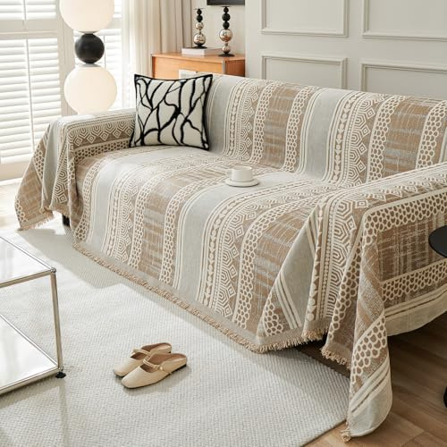 VanderHOME Housse de Canapé De Style Bohème Plaid Canape Grande Taille Chenille Jete de Canape avec Frange, Réversible Jeté de canapé,Couverture Canapé 180 * 300cm-Kaki
