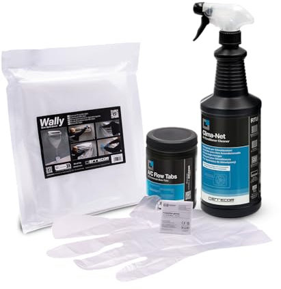 ERRECOM Kit pulizia climatizzatori, include Clima-Net 1L detergente pulizia unità interna e filtri, cover protettiva Wally, A/C Tabs 40 pastiglie climatizzatore ad azione prolungata, guanti inclusi