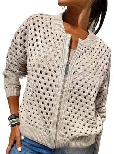 Whimsyard Chaqueta de punto para mujer con cremallera y recortes, suéter de ganchillo con cremallera para mujer, parte superior de punto hueco para mujer, prendas de abrigo de punto de ganchillo