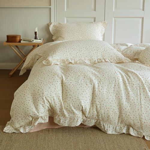 VM VOUGEMARKET Toddler Kids Muslin Cotton Duvet Cover Set Twin,Vintage Floral Comforter/Quilt Cover with Romantic Ruffles,Comfy,Breathable & Lightweight Bedding Set