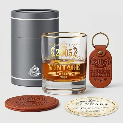 CROWNLY CRYSTAL Bicchiere Whisky 2005 Regalo Uomo 21 Anni Compleanno Idee Regalo Originali Figlio Fratello Calice Vintage Degustazione Rum Amaro Gadget Festa 21esimo Anniversario Decorazioni Natale
