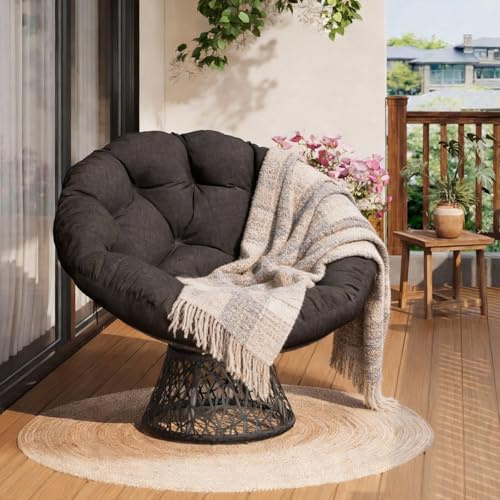 GarveeHome Poltrona ergonomica Papasan in rattan con spesso cuscino confortevole, robusto telaio in acciaio e funzione girevole a 360°, perfetta per soggiorno, camera da letto, angolo lettura o lounge