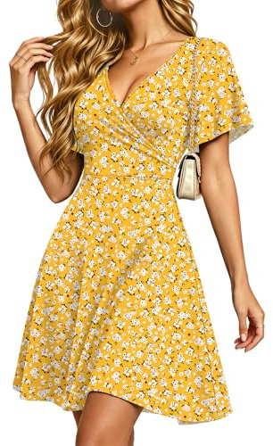 PLMOKEN Vestidos de Verano para Mujer Vestido Sexy con Cuello en V y Manga con Volantes Vestidos de Playa con Bolsillos Floral Amarillo L