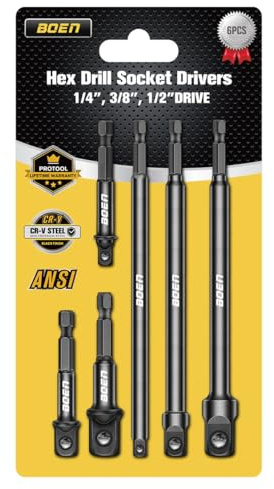6-teiliger Schlagschrauber-Stecknussadapter-Set, 3 & 6 Sechskant-Verlängerung, 1/4, 3/8, 1/2 Antrieb, für Bohrmaschine und Hochdrehmoment-Schlagschrauber