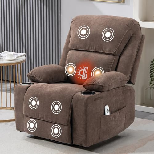 BRTHORY Fauteuil de Relaxation Chaise massant avec Dossier Inclinable Manuellement 150° Incluse Massage en 8 Points et Fonction Chauffante,Pivotement à 360, Marron