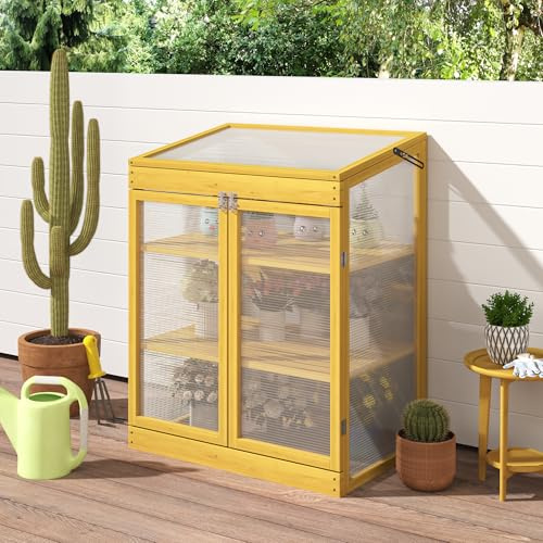 Greenhouse Wooden Cold e Greenhouse, Mini Greenhouse for Outdoor, Polycarbonate Garden Greenhouse Cabinet 2 Tier, Keep Plant Warm Enough