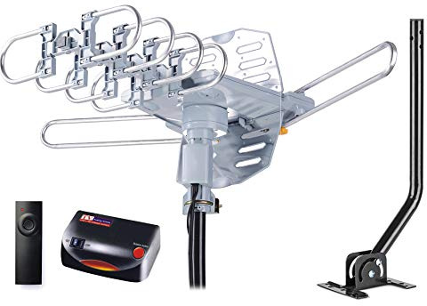 PBD Amplified Outdoor TV Antenna with 360° Motorized Rotation, UHF/VHF Long-Range Reception, Remote Control, Mounting Pole & 40FT RG6 Cable, Dual TV Outputs, Supports 4K/1080P Smart & Older TVs