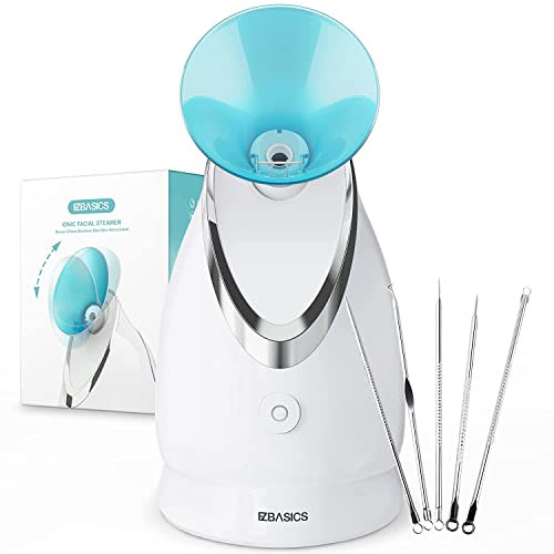 EZBASICS Face Steamer Professional, Nano Ionic Facial Steamer for Pores with Warm Mist Humidifier Atomizer and Sauna Inhaler Spa, Aromatherapy Design, 1-Pack + 5-Pack Stainless Steel Skin Kit Blue