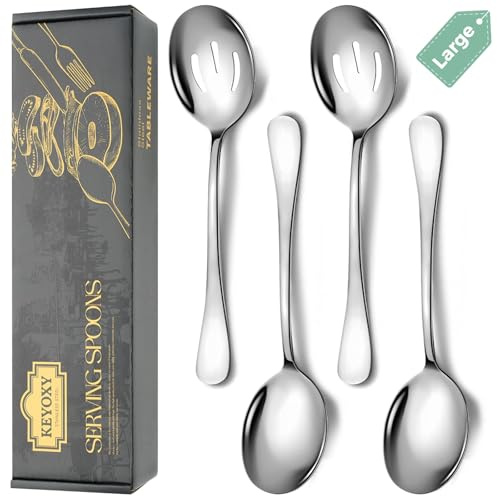 Keyoxy 4 Piece Stainless Steel Serving Spoons Set, 10-Inch, Includes 2 Large, 2 Slotted, for Parties/Kitchen/Buffet/Catering, Dishwasher Safe