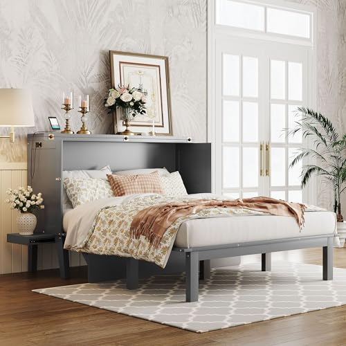 Rhomtree Wood Murphy Bed with USB Port and Removable Shelves on Each Side, Solid Wood Platform Bed Frame Mattress Foundation Sleigh Bed with Wood Slat Support for Teens Adults(Gray, Queen)