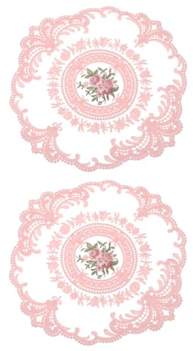 uxcell 2Pcs Retro Lace Placemats, French Crochet Doilies Round Embroidered Hollow Cup Vase Table Mat for Dining Table Kitchen Party 11.02x11.02inch, Light Pink