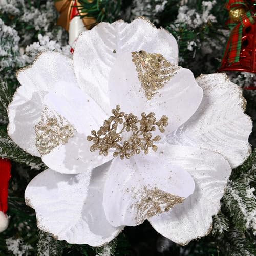 GL-Turelifes Flores de Navidad grandes con purpurina de 8.7 pulgadas, 6 piezas de flores artificiales de Pascua de terciopelo para árbol de Navidad, adornos florales plegables para Navidad, Año Nuevo,