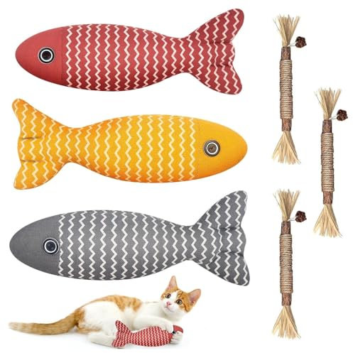 Katzenminze Spielzeug 6 Stück - 20CM Katzen Spielzeug 3 Stück Kissen Fisch Form mit 3 Holz Katzenminze Sticks Katzen Zahnpflege Sicherheit und Reißfest Katzenspielzeug Cat Toys für Katzen Spielen