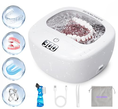 SEANCHEER Mini Ultrasonic Retainer Cleaner | Rechargeable | Cordless | IPX7 Waterproof | 48Khz | 120ML | 2 Modes with Digital Timer for | Denture | Aligner | Night Guard | Jewelry | (White)
