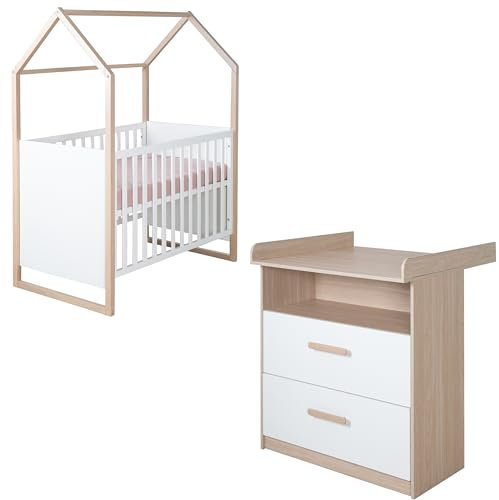 roba Babymöbel Set Cabane 2-teilig - Baby- & Beistellbett 60 x 120 cm + Wickelkommode mit abnehmbarem Aufsatz - Kinderzimmer in Weiß/Dekor Eiche