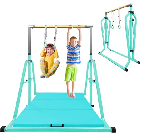 GLANT Foldable&Movable Gymnastics Kip Bar with MAT and Ring Set, 3' to 5' Height Adjustable,Horizontal Bar for Kids Girls Junior,GymEquipment for Indoor and HomeTraining- Max Load 300LBS