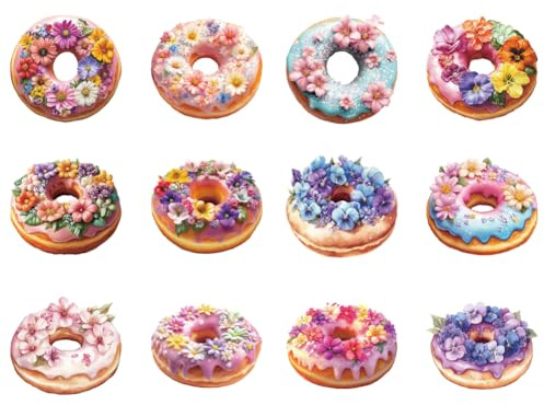 arricraft 12 Pcs Donut Theme Heat Transfer Film Logo Stickers Set, 12 Styles Floral Doughnut Heat Transfer Stickers Iron on Decals for T-Shirts Patches Bags Hats DIY Crafts