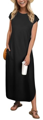 PrinStory Women's Maxi Dress With Pockets Cap Sleeves Summer Dresses For Ladies Casual Lightweight Sundress Beach Party Office Wear (Black,M)