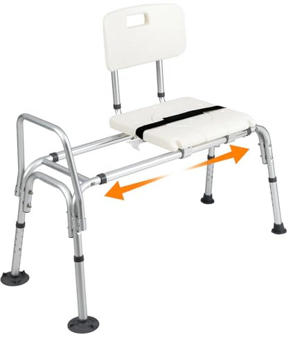 RELAX4LIFE Banc de Transfert Baignoire Coulissant, Chaise de Douche avec Découpe Hygiénique, Hauteur Réglable, Ceinture de Sécurité, Pieds Antidérapants, Tabouret de Douche Adulte pour Âgés/Handicapés