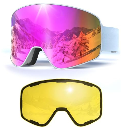 Masque de Ski avec Magnétique Lentille Interchangeable,YH212 Lunettes de Ski OTG pour Unisexes Ajustables Anti Buée Coupe-Vent Anti-UV Lunettes de Snowboard pour Sports Hiver (04-REVO Pink/White)