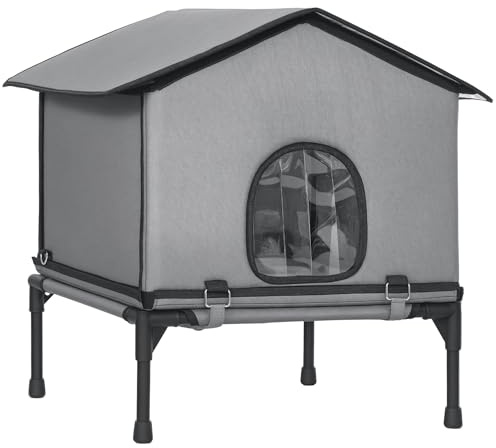 PawHut Outdoor Cat House, Waterproof Insulated Cat Kennel with Elevated Base, Cushion, Foldable Feral Kitty Shelter for Indoor Outdoor Kittens, Grey