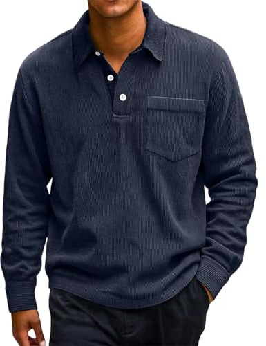 Polo de manga larga para hombre, tela de pana, diseño de cuello de botón, estilo de golf de alto rendimiento, equipado con bolsillo, adecuado para ropa de trabajo de oficina, azul oscuro, L