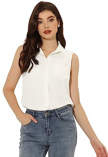 Allegra K Dam jeansblus ärmlös skjorta V-ringad väst denim blus, Vit, S