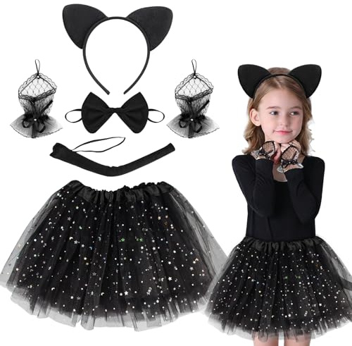 Dawumin Disfraz de gato para niños, disfraz de gato y niña, juego de disfraz para niños, disfraz infantil, juego de cosplay para Halloween, carnaval, cosplay, fiestas (b)