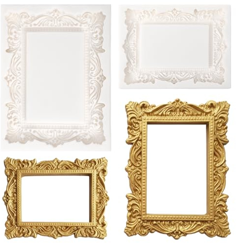 Grevosea Picture Frame Mold, 2 Pcs Baroque Style Photo Frame Silicone Molds Mini Picture Frames Fondant Molds for Cake Decorating Cupcake Topper Chocolate Candy Polymer Clay