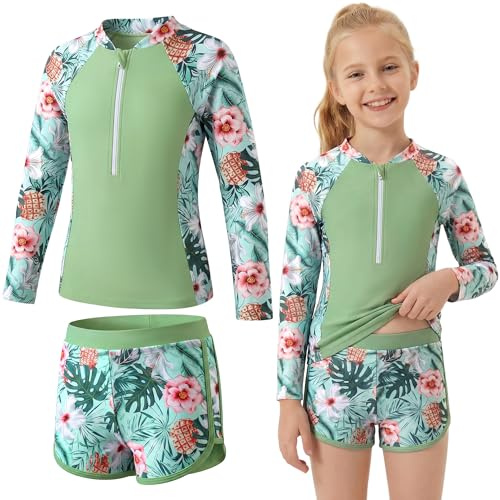 Baogaier Traje de Baño Niña 2 Piezas Manga Larga Protección Solar, Estampado Top con Cremallera y Shorts Secado Rápido, Bañador Suaves Rash Guard Playa Piscina para 7-8 Años, Verde