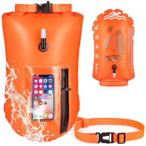MELLIEX Bouée Nage Eau Libre Bouée de Sécurité de Natation Gonflable | 20L Bouée de Sac Étanche avec Pochette Écrans Tactiles pour Adultes et Enfants Triathlètes, Kayakistes, Plongeurs en Apnée
