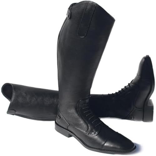 Rhinegold Elite Luxus BLACK LEATHER RIDING BOOTS - Soft Feel Leather, Comfortable Fit, Elasticated Laced Front, Women's Equestrian Boots with Full Length Back Zip