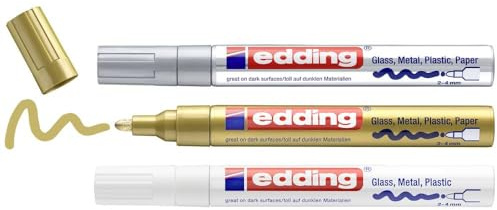 edding 750 gloss paint marker - white, gold, silver - set of 3 paint markers - round nib 2-4 mm - paint pen for glass, pebbles, wood, plastic, paper - waterproof, high coverage