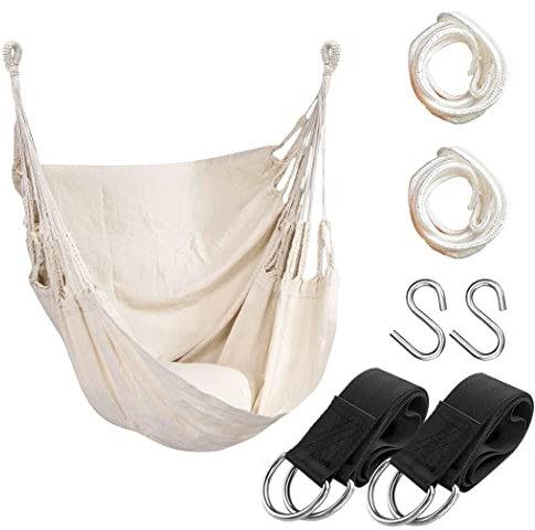 Hängesessel mit Seil für den Innen- und Außenbereich, robuster Baumwollstoff, belastbar bis 136 kg, Pfosten und Kissen nicht im Lieferumfang enthalten, Beige