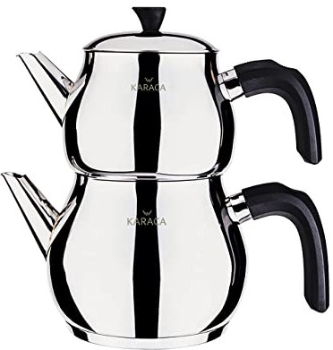 Karaca Kayra Set de Théière Turque en Acier Inoxydable, Bouilloire 1.75L, Théière 1L, Poignées Résistantes à la Chaleur, Finition Poli, Compatible Induction Turkish Teapot & Caydanlik, Noir