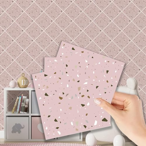 WALPLUS 15cm(6)@48pcs Rose Pink Metallic Silver Terrazzo Wall Tile Sticker Tile Paint Stick on Tiles Peel and Stick Self Adhesive Wall Tiles Stickers for Kitchen Bathroom Tile Transfer Backsplash