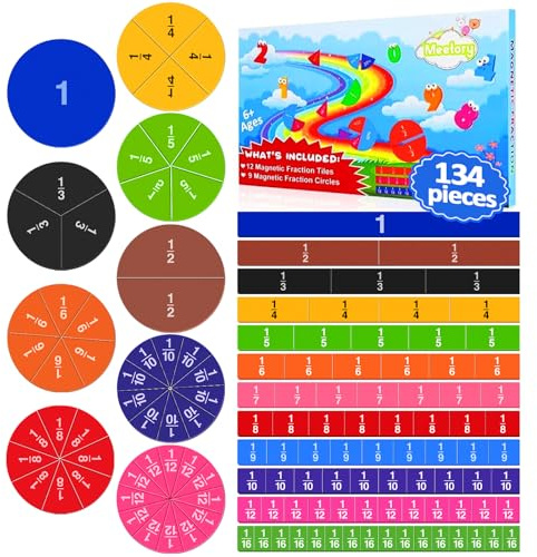 Meetory 134 st magnetiska bråkplattor och bråkcirklar – matematikmanipulativ för förskoleelefant, grundskola, pedagogiska resurser, klassrum, pedagogiskt kit