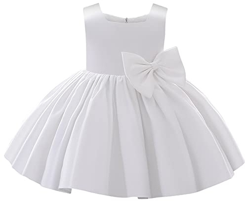 IMEKIS Vestito da Ragazza di Fiori Principessa Raso Bowknot Tutu Matrimonio Compleanno Festa Battesimo Abito Bambina Abito da Ballo Formale da Spettacolo Bianco 5-6 Anni